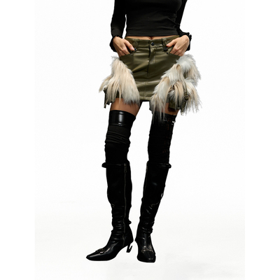 killerGirl 环保皮草pu皮裙美式复古做旧绿色小众高级设计感皮裙