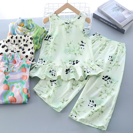 洋气童装夏季女童家居服套装儿童棉绸熊猫背心阔腿裤时髦两件套潮