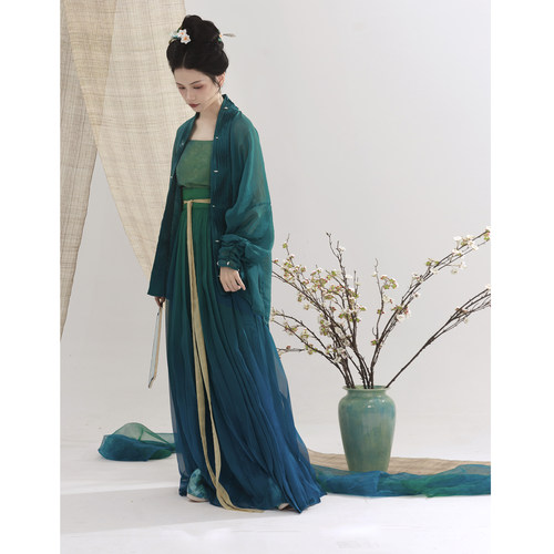 【上遥居】栖碧山 宋原创汉服女夏蓝色棕色渐变百迭天丝飞机袖