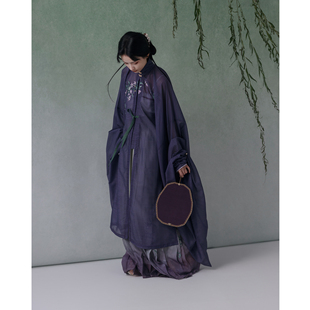 【上遥居】秋霁 明原创汉服女秋紫色白色对襟立领绣花大袖长衫