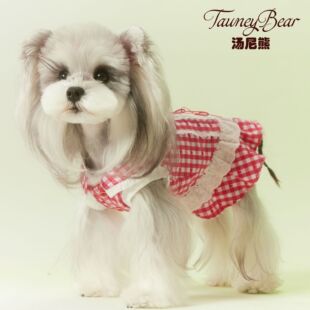 汤尼熊狗狗衣服春夏款蝴蝶结绑带红色格子花边连衣裙薄款母狗泰迪