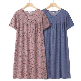中老年人棉绸短袖睡裙女新款睡衣夏薄款妈妈宽松人造棉连衣裙夏季