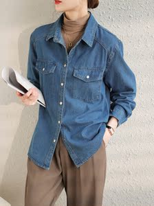 气质复古蓝色牛仔衬衫女2023秋冬新款设计感小众叠穿休闲长袖衬衣