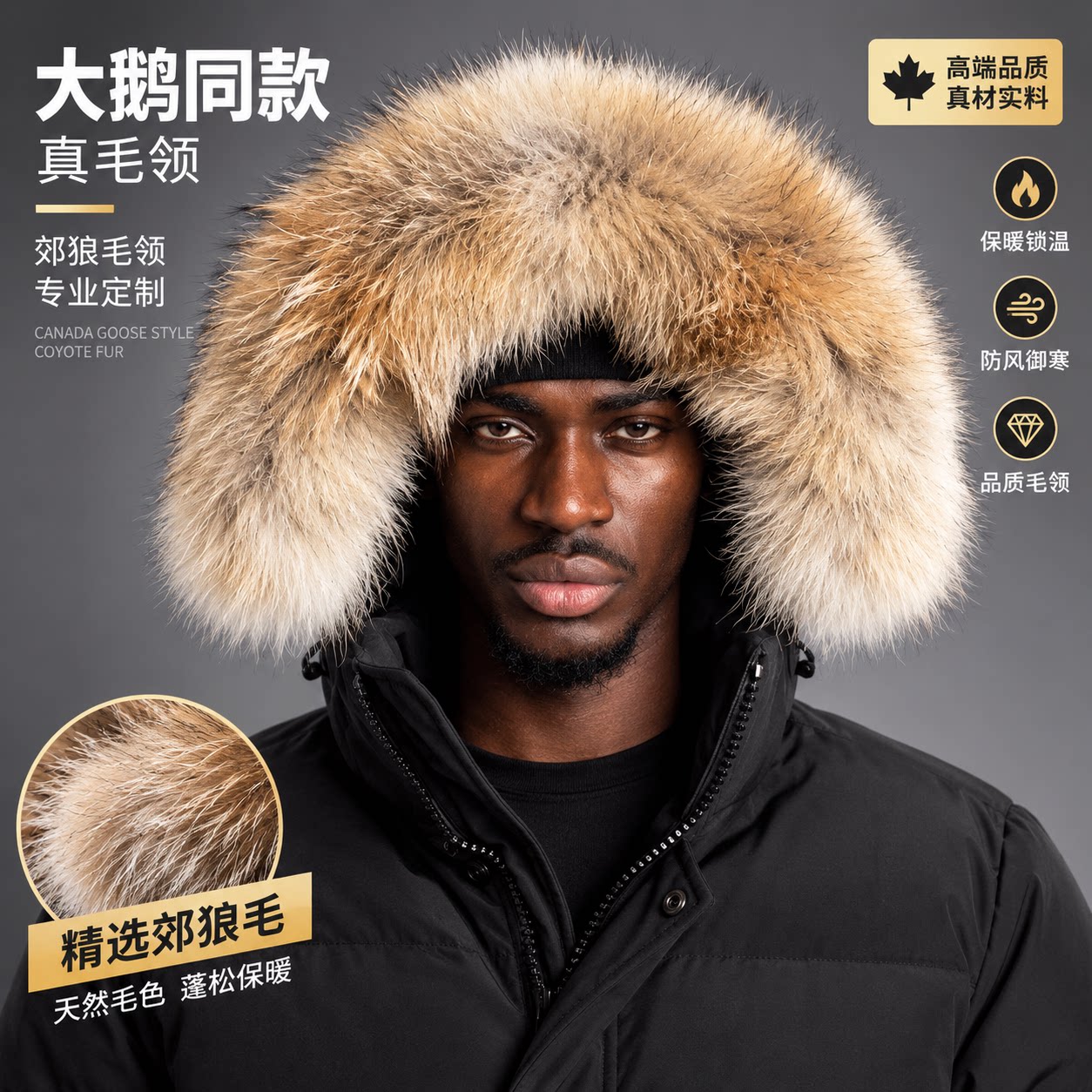 大鹅羽绒服真郊狼毛领可拆保暖