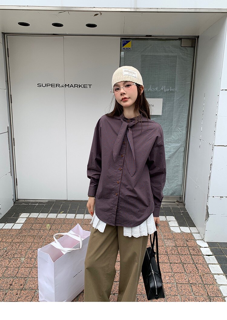 原版货源 周美美     复古腔调小立领兔耳朵绑带暗紫色格子衬衫