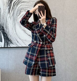 小个子气质加厚休闲套装女秋冬新款网红爆款格子小西装短裤两件套