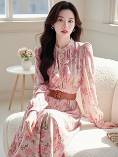 法式 连衣裙女 复古气质名媛职业OL女神范高级感粉色碎花荷叶边长袖