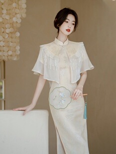 春夏年轻款披肩套装新款高端气质提花仙气少女改良旗袍复古素雅潮