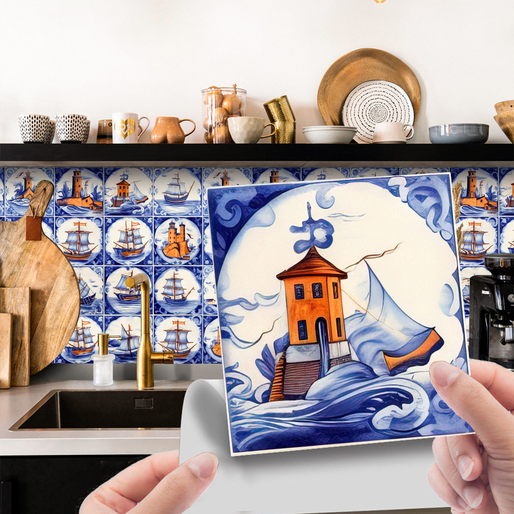 蓝白橙航海风复古瓷砖贴纸楼梯贴腰线厨房餐厅浴室装饰防油水墙贴,家居饰品,软装墙贴,淘宝优惠券,粉丝福利购,淘宝优惠卷