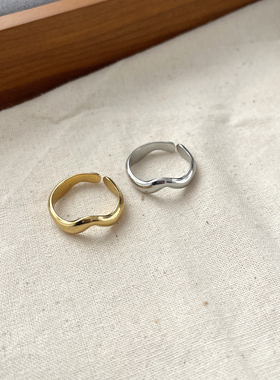 钛钢不掉色复古波浪开口戒指小众设计简约ins潮镀18K金色几何指环