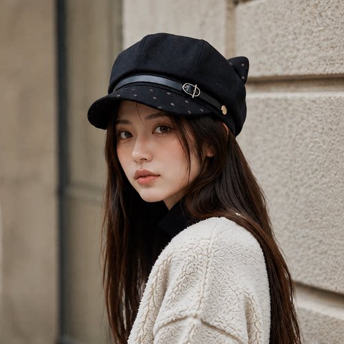 COOBARK猫耳八角帽女士贝雷帽黑色波点显脸小时尚帽子2026秋冬新5