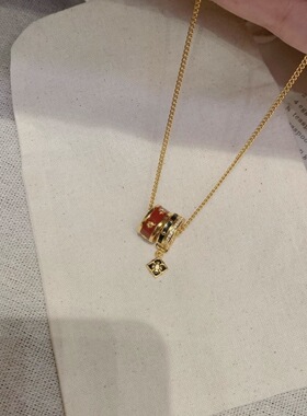 金店同款沙金万相系列宝相花四叶草项链黑色鎏彩镶复古锁骨链女