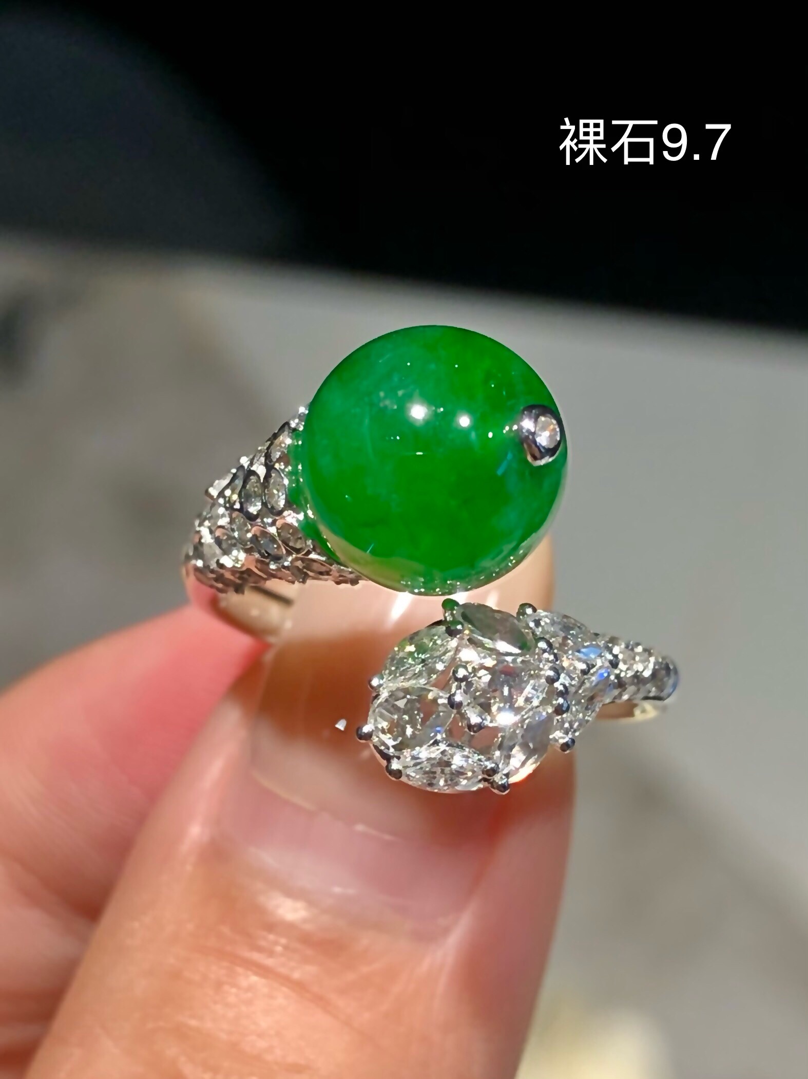 林夏珠宝天然缅甸A货翡翠高冰辣绿珠子戒指18K金镶嵌钻石玉石戒指