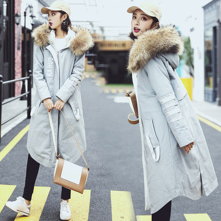 2017冬新款派克服羽绒服女中长款大毛领收腰显瘦外套羽绒内胆可拆