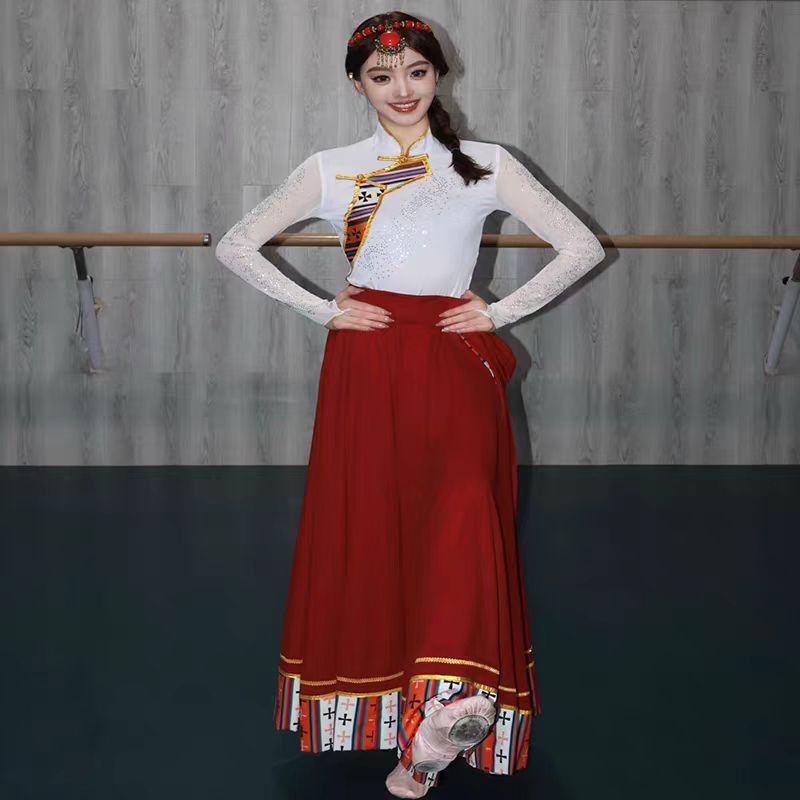 藏族风民族舞蹈演出服女白色长袖大摆裙艺考比赛练舞表演服装