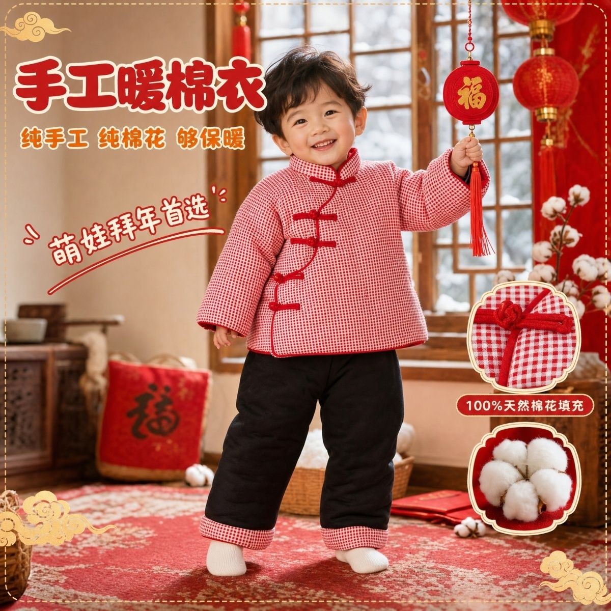 手工棉花棉衣宝宝婴幼儿童中国风拜年服棉袄棉裤棉服冬季加厚套装