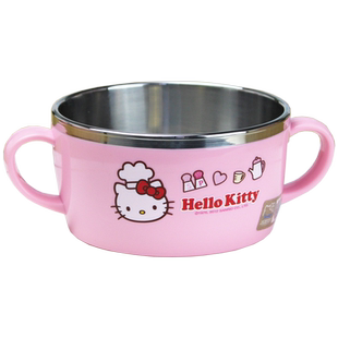 乐扣乐扣儿童餐具hellokitty不锈钢碗带手柄双层防烫可爱卡通面碗