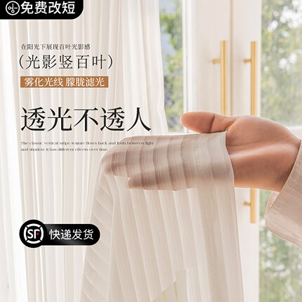 纱帘竖百叶光影透光不透人白色飘窗遮阳窗纱白纱阳台免打孔一整套