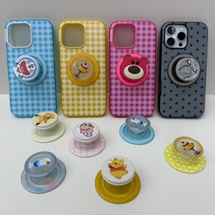 【新夏日吃茶屋-泡泡骚超高版强磁吸手机壳】海盐蓝 草莓粉格纹苹果17手机支架 磁吸啪嗒平替 适配popsockets