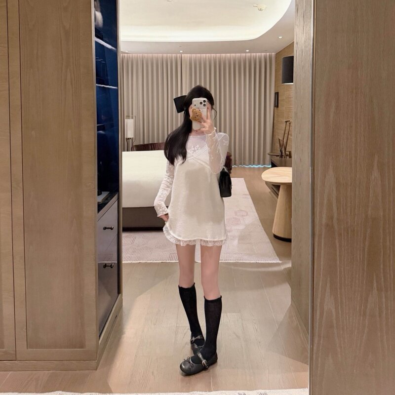 法式纯欲蕾丝长袖打底衫秋季针织时尚套装