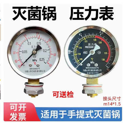 手提式高压消毒灭菌锅压力表0-0.25MPa带温度138度灭菌器用双刻度