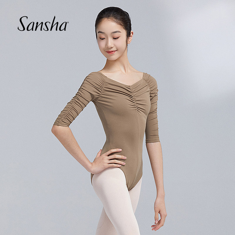 Sansha 法国三沙女舞蹈服 芭蕾舞连体服V领抽褶中袖练功服大露背