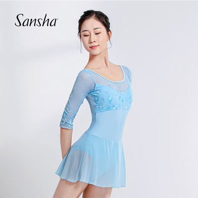 sansha 三沙芭蕾舞服女 水溶绣花舞蹈服中袖连体裙练功服表演裙子