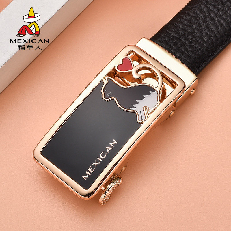 3稻草人女士头层皮带真皮自动扣百搭腰带牛皮细女皮带时尚正品休闲