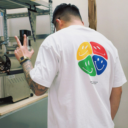 新品原创265g纯棉夏季加厚落肩卡通笑脸宽松圆领短袖T恤男女情侣