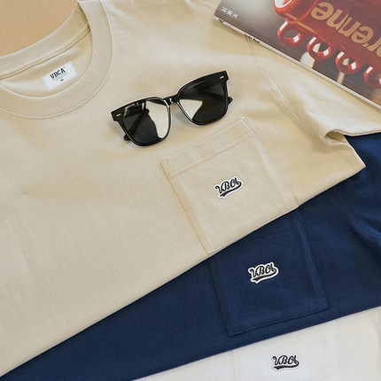 重磅265g原创自制新疆棉简约口袋刺绣烫标日系落肩宽松短袖T恤男