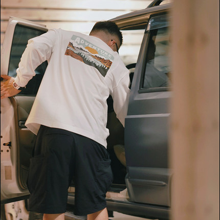 自制户外插画265g秋季重磅纯棉三本针日系复古落肩宽松长袖T恤男