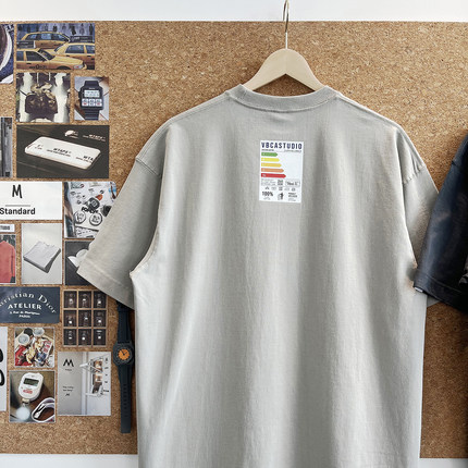 原创265g全棉夏季加厚落肩宽松三本针圆领短袖创意贴标T恤男女款