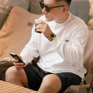 原创自制265g秋季 T恤男 纯棉三本针日系落肩宽松圆领刺绣烫标长袖