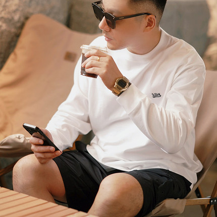 原创自制265g秋季纯棉三本针日系落肩宽松圆领刺绣烫标长袖T恤男