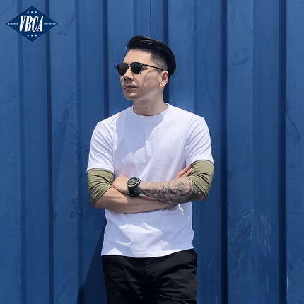 VBCA原创无缝桶织纯棉男士休闲短袖t恤港风假两件五分半袖打底衫