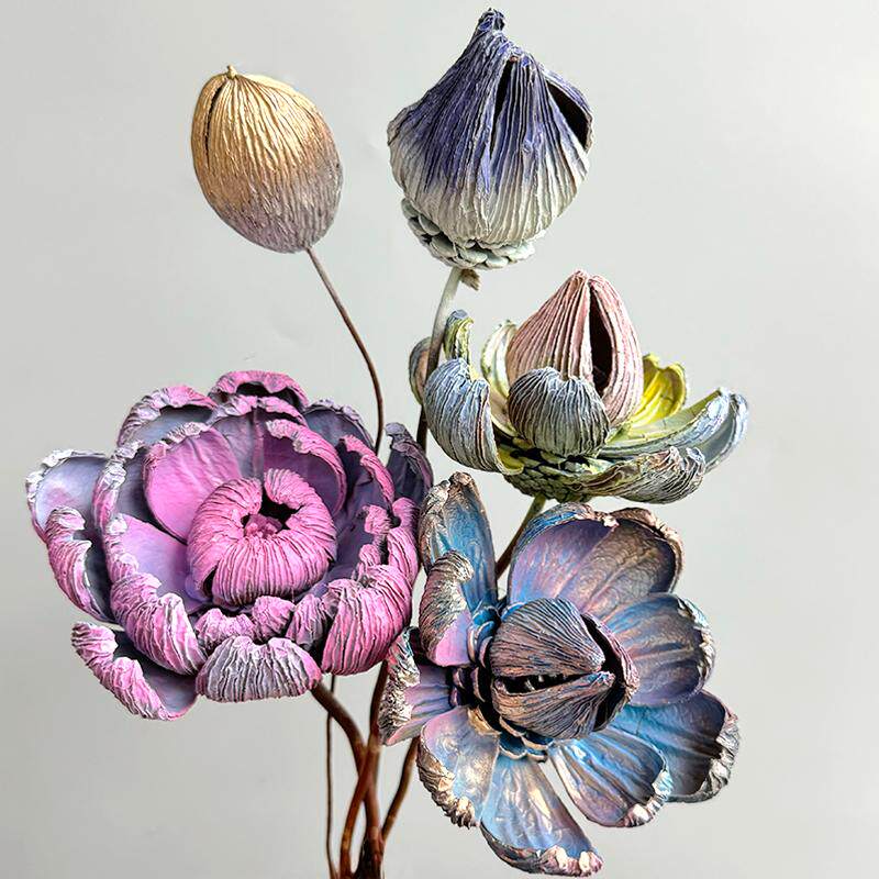 中式禅意高端真花永生花花束油画莲干花油画果大牡丹客厅装饰道具