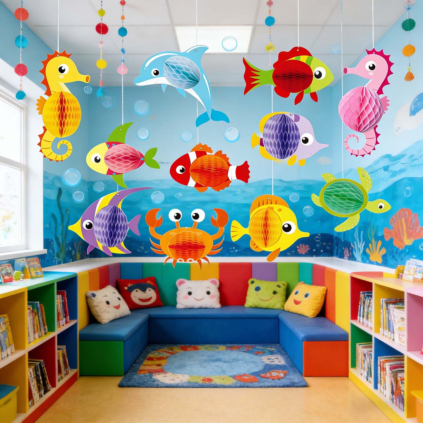 幼儿园环境布置材料海马海豚蜂窝球吊饰夏季海洋风主题天花板挂饰