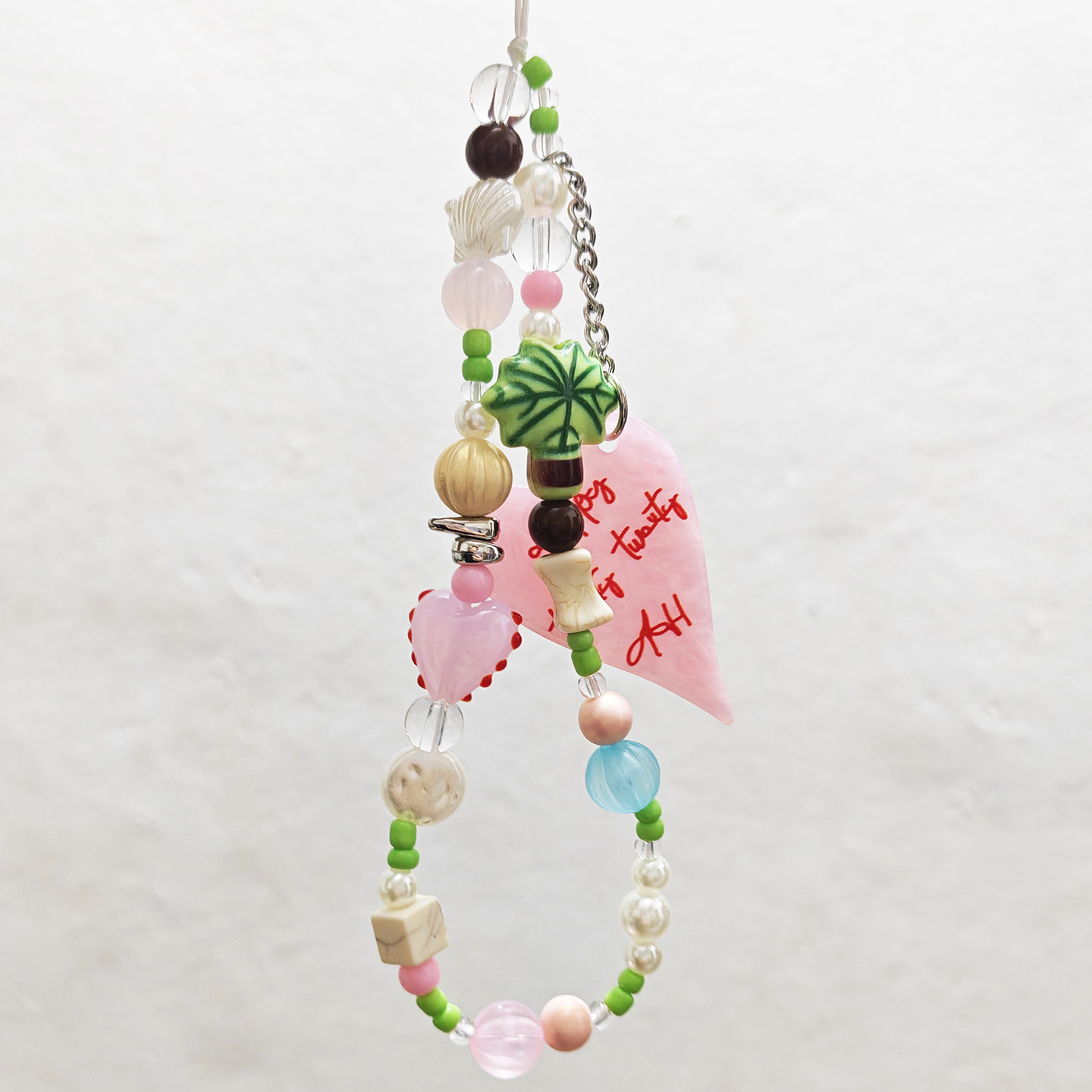 原创少女心椰树粉色爱心手机链挂绳钥匙扣ccd相机包包挂件挂链条