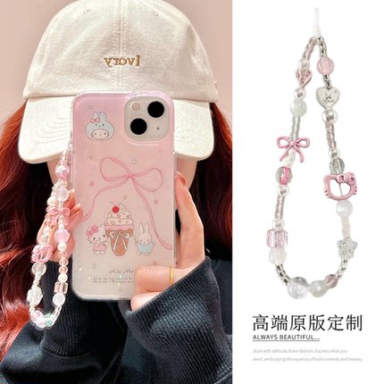ins甜美蝴蝶结KT猫手机链手工串珠手腕挂绳ccd相机短款挂链便携女