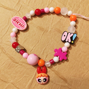 飞天小女警串珠ccd挂链手机壳挂绳配饰拍立得防丢手绳童趣卡通