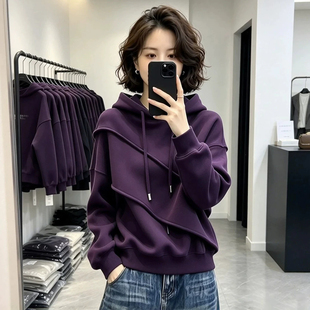 韩系休闲不规则连帽卫衣女2026秋冬新款宽松显瘦减龄百搭带帽上衣