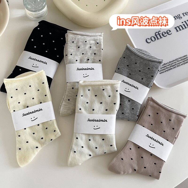 波点袜子春款女中筒袜纯棉堆堆袜高腰春天韩版外穿长勃卷边勃肯鞋