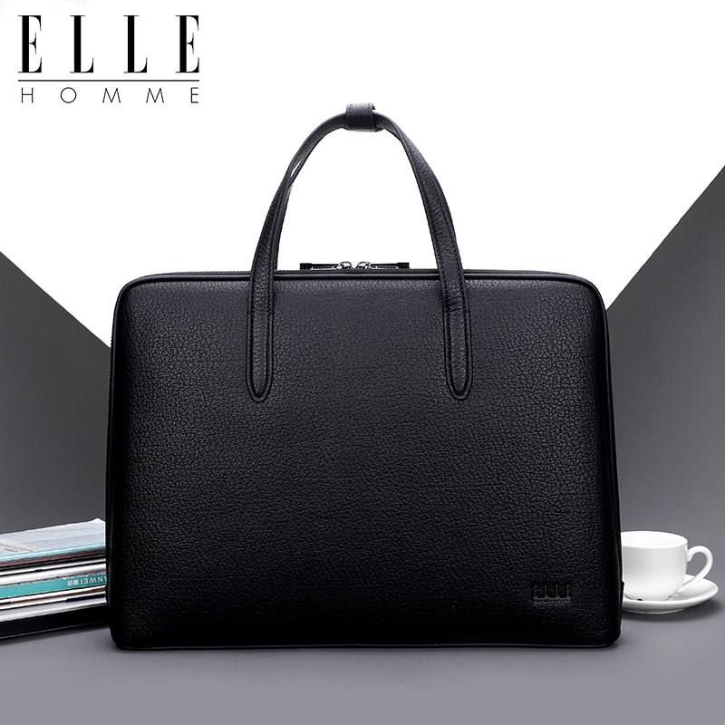 ELLE HOMME真皮包男士手提包商务青年横款公文包头层牛皮商务男包