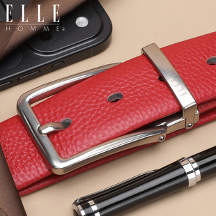ELLE HOMME皮带男士本命年针扣红腰带礼物时尚正装牛皮年轻人裤带