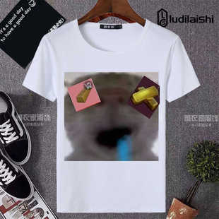 大头猫表情包短袖男歪嘴猫t恤女搞笑小猫图案阿米诺斯沙雕学生装