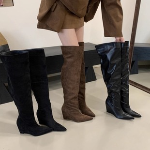 韩版 坡跟靴子百搭显瘦过膝靴 复古两穿褶皱堆堆长靴女2025秋冬新款