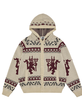 EK/EVILKNIGHT 秋冬男女百搭2025宽松民族图腾毛织连帽开衫外套