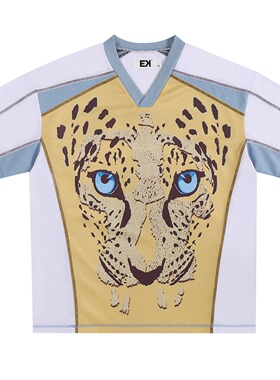 EK/EVILKNIGHT 春夏满版豹子印花V领休闲运动透气足球服短袖t恤