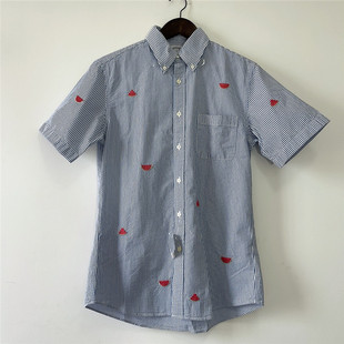 S码Brooks Brothers布克兄弟男泡泡棉西瓜印花条纹口袋短袖衬衫衣