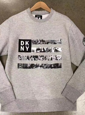 XS码DKNY唐可娜儿男秋冬季灰色加绒套头绒衫欧美城市风貌百搭卫衣